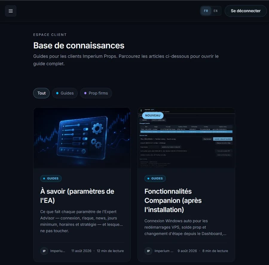La base de connaissances de l’espace client Imperium, avec ses guides d’installation et de configuration